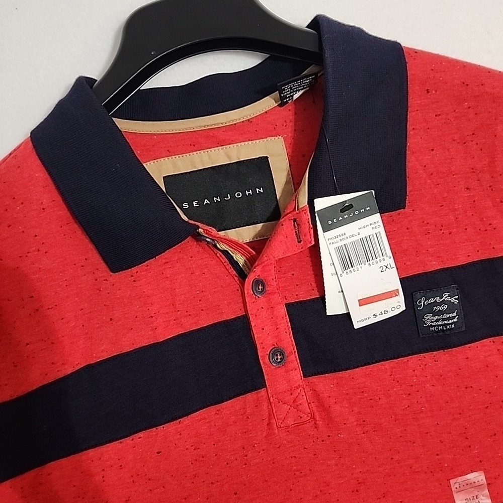 SEAN JOHN Orange Red Blue Striped Polo NWT Mens 2XL XXL Short Sleeve - Picture 2 of 6